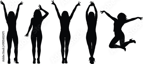 Black Silhouette Collection of Happy Women Jumping and Cheering with Raised Arms Representing Success Victory Freedom Joy and Active Healthy Lifestyle