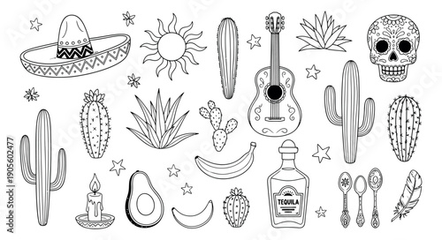 Hand drawn line art Mexican elements set featuring a sombrero, sugar skull, cactus, and guitar for a fiesta celebration