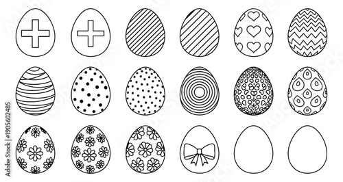 Hand drawn line art Easter egg set featuring various decorated and plain designs for holiday celebration