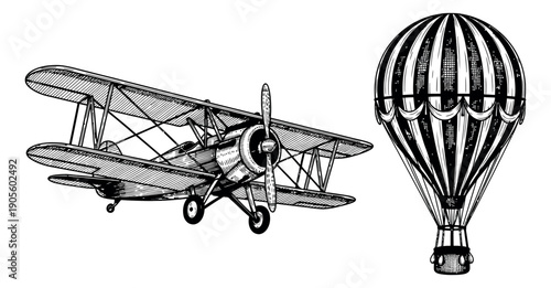 Hand drawn line art air transportation set featuring a biplane and a hot air balloon for travel and adventure designs