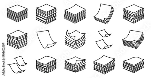 Line art document icons set featuring various paper stacks and individual sheets for office and organization concepts