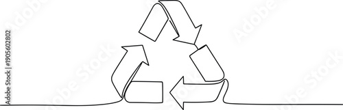 Continuous line recycling symbol with arrows forming triangle, minimalist eco and sustainability vector illustration isolated on white background