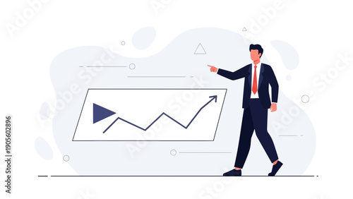 Businessman pointing at upward trending graph, business growth concept illustration