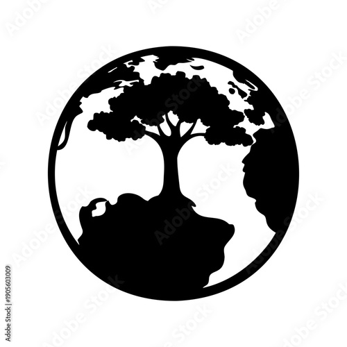Black and white graphic of tree growing on planet Earth outline
