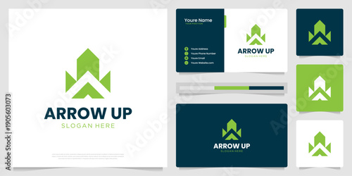 Abstract arrow logo design inspiration. Symbol for business, finance, logistic with business card template.