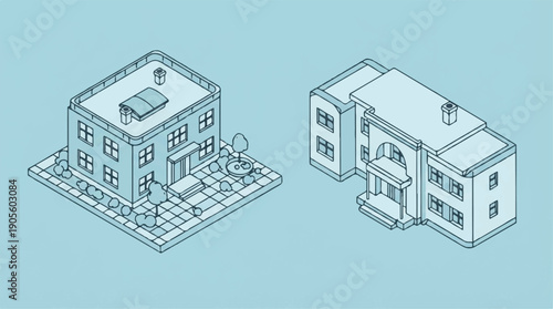 Isometric buildings with blue monochromatic design and surroundings