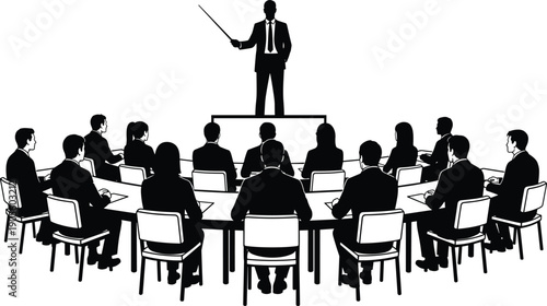 Business presentation with professional speaker leading corporate seminar, silhouettes of diverse audience sitting at desks in conference room, training workshop.