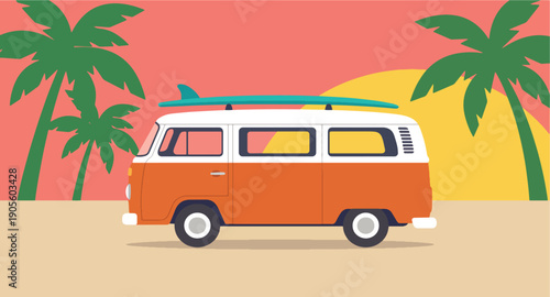 Vintage orange and white Volkswagen van parked on a sunny beach with palm trees and surfboard on top, summer vacation concept