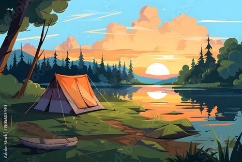 Wallpaper Mural Illustrated camping landscape with an orange tent by a calm lake, surrounded by forest and hills under a colorful sunset sky. Torontodigital.ca