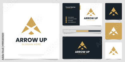 Abstract arrow logo design inspiration. Symbol for business, finance, logistic with business card template.