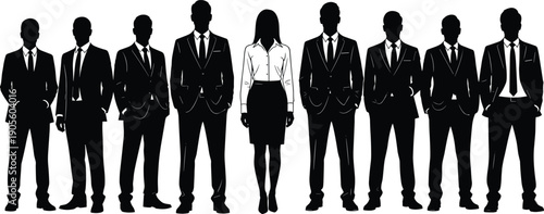 Group of business professional silhouettes in suits with one woman in white shirt standing in center, leadership, teamwork, corporate career,