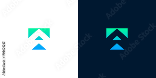 Abstract geometric logo design with upward arrow symbol on white and dark backgrounds