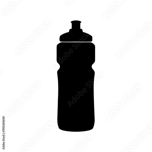 Silhouette of a black plastic sports water bottle on white background