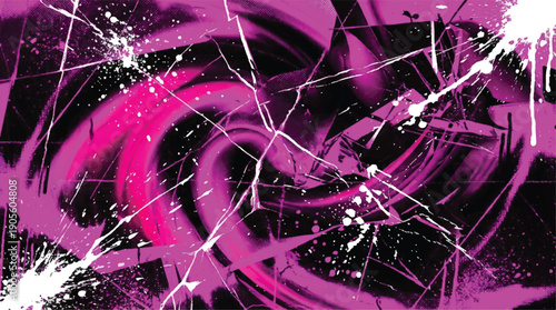 Vibrant pink and black abstract art with white splatters and scratches