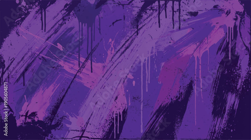 Vibrant purple abstract painting with pink and black brushstrokes and drips on a textured surface