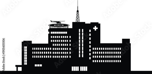 Modern Hospital Building Silhouette with Helipad and Cross Illustration