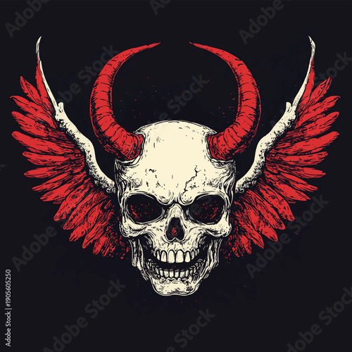 halloween skull with red horns and wings , vector style simple color