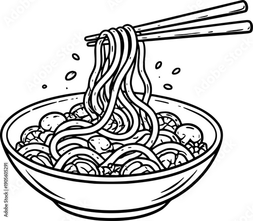 outline illustration of noodle bowl with chopsticks in engraving style. Asian food icon for menu design, restaurant branding and packaging