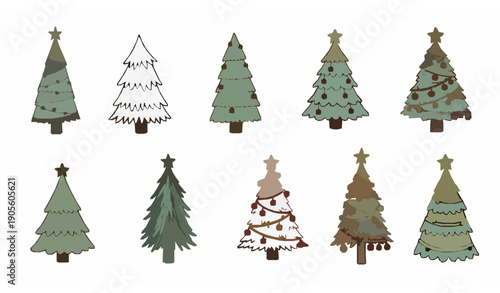 Christmas Tree Collection With Red Orange Baubles And Yellow Stars Vector