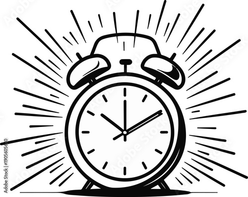  Minimal vector line illustration of an alarm clock sending motion lines and alert waves, expressing urgency and deadline concept, black outline only 1