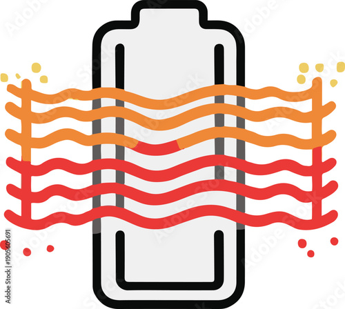 Vector line illustration of a battery icon emitting heat wave signals, device overheating warning, clean monoline vector, flat icon style 1