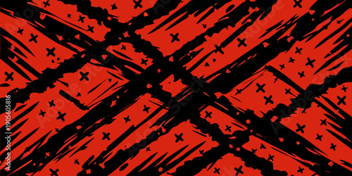 Abstract red and black pattern with diagonal brushstrokes and crosses