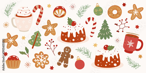 Festive holiday illustrations featuring christmas treats and decorative elements