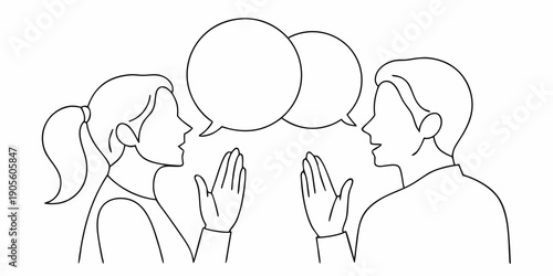 Two people communicating with speech bubbles in a minimalist line drawing