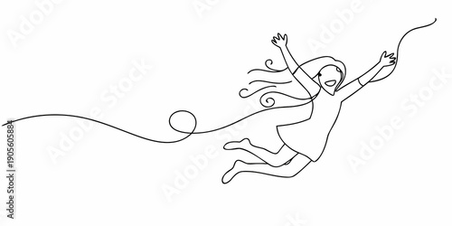 A single line drawing depicts a girl joyfully falling or flying