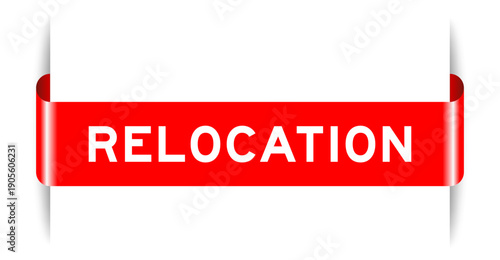 Red color inserted label banner with word relcation on white background