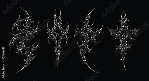 Pack 3d chrome metal effect neo tribal y2k gothic style tattoo. Cyber sigilism abstract design. Black flame ornaments with sharp edges and metalcore aesthetic. decorative elements