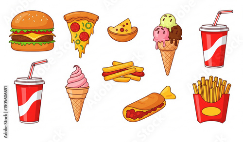 Cartoon Fast Food Street Meal Junk Snacks Flat Vector Illustration Set
