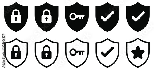 Security Shield Icon Vector Design Featuring Lock, Key, Check Mark, And Star Symbols For Digital Protection, Privacy, Safety, And Application Interface Illustration.