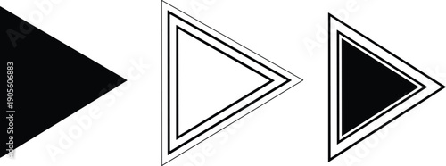 Triangle play button icon variations with solid and outline styles, minimalist media navigation symbols in black vector design isolated on white background