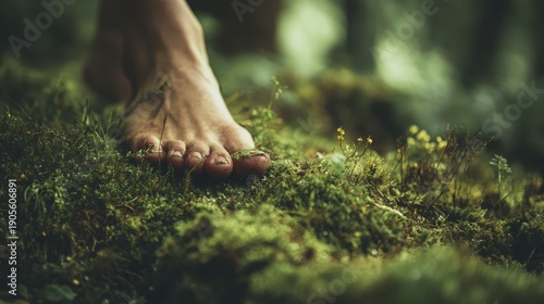 Feet bare walking on soft green moss, grounding and nature connection, pedicure detail