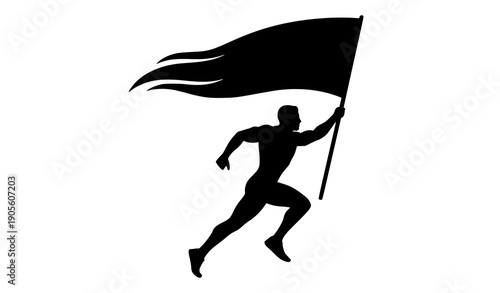 Running man silhouette holding blank flag in victory pose flat black vector isolated on white background for achievement leadership and championship design concepts