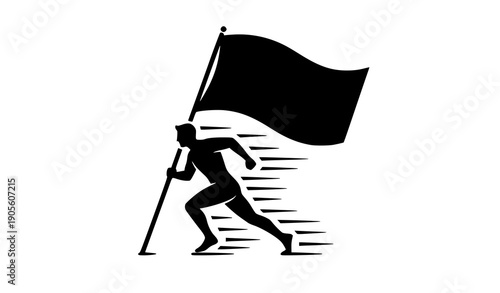 Minimal running man silhouette with blank flag flat black vector isolated on white background for sports branding motivation and promotional graphic design