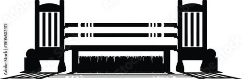 A bench with vertical slats and armrests stands alone in a simple floor pattern