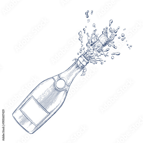 Popping bottle of champagne hand drawn Isolated vector illustration. Sparkling wine sketch symbol for bar or restaurant menu design, card design or wedding invitation. Engraving style alcohol drink.