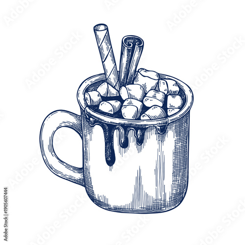 Cup of hot chocolate with marshmallow and cinnamon hand drawn Isolated vector illustration. Christmas mug sketch symbol for bar or restaurant menu, card design or new year invitation. Engraving style.