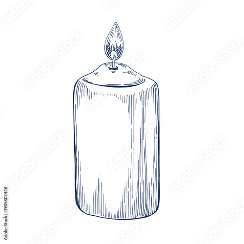 Burning wax candle hand drawn Isolated vector illustration. Christmas Candle with flame for holiday poster, birthday or party sketch for greeting, wedding. Engraving style Faith or religion symbol.