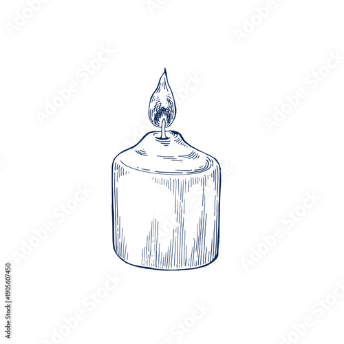 Burning wax candle hand drawn Isolated vector illustration. Christmas Candle with flame for holiday poster, birthday or party sketch for greeting, wedding. Engraving style Faith or religion symbol.