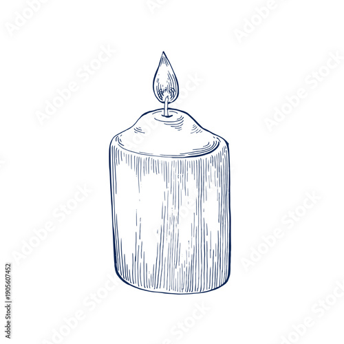 Burning wax candle hand drawn Isolated vector illustration. Christmas Candle with flame for holiday poster, birthday or party sketch for greeting, wedding. Engraving style Faith or religion symbol.