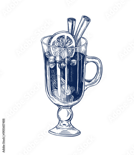Traditional Christmas Hot Drink Mulled wine hand drawn Isolated vector illustration. Glass of mulled wine cocktail sketch symbol for bar, restaurant menu design, new year invitation. Engraving style.
