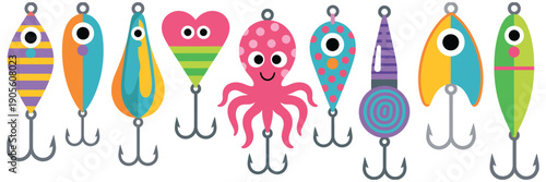 Colorful Fishing Lures Vector Design, Flat Cartoon Bait With Fish Hooks For Angling, Outdoor Recreation, Sport Fishing