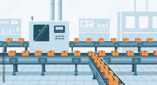 Industrial Conveyor Belt System with Orange Objects.