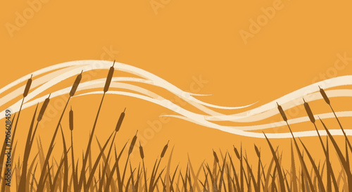 Cattails and Wavy Lines on Orange.