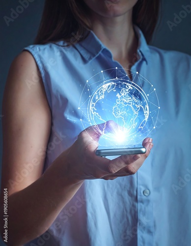 Woman holds a mobile phone with a glowing globe graphic hovering over it