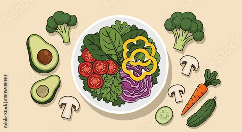 Colorful salad bowl with fresh vegetables and fruits.