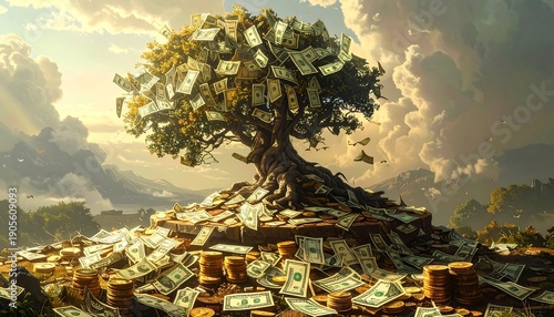 A surreal illustration presents a tree with dollar bills as leaves, overflowing with currency, symbolizing wealth and financial growth